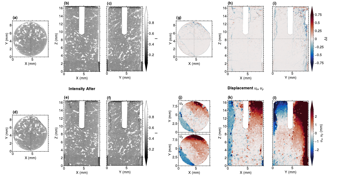 X-ray slices before and after reaction, intensity-difference maps, and three-dimensional displacement maps for the 11-day sample.